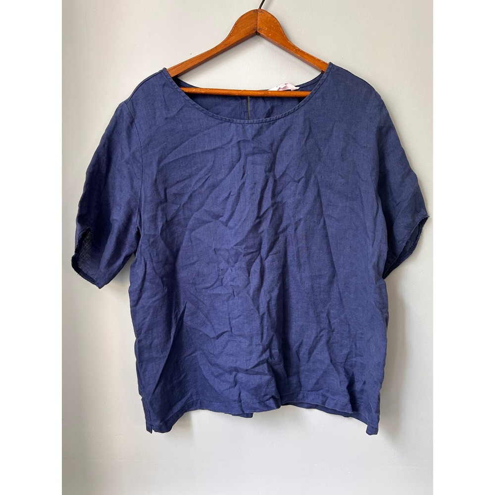 Zest Women Navy Blue 100% Linen Short Sleeve Blouse Round Neck Size 16